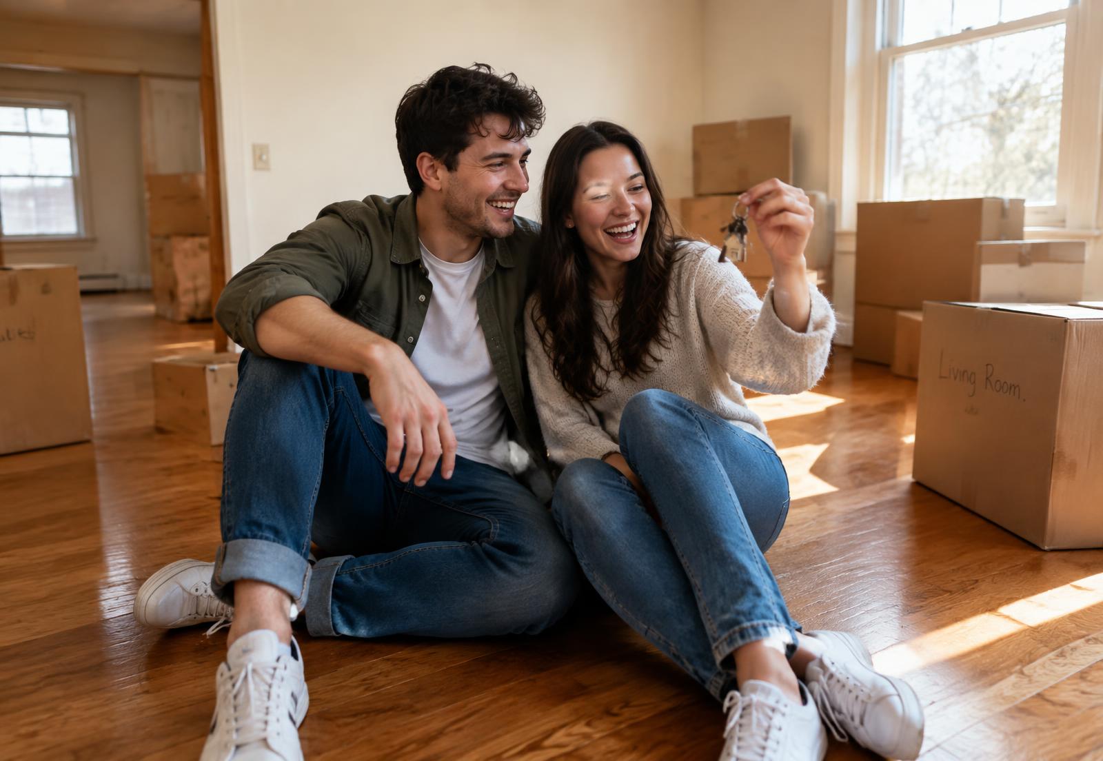 Couple holding keys to their first home