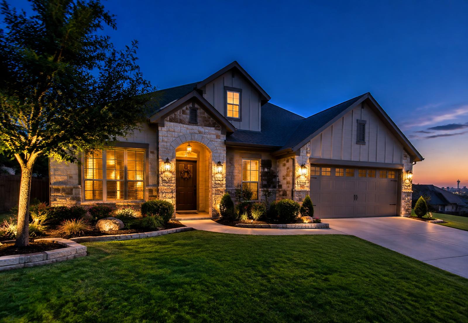San Antonio home glowing at dusk