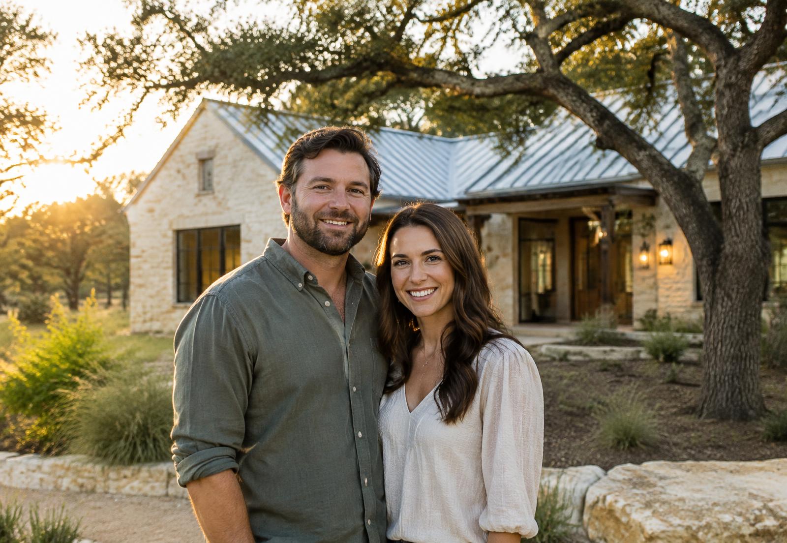 Couple outside their limestone Hill Country home at sunset